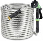 Jojoka Heavy Duty Stainless Steel Garden Hose 25FT, Flexible Kink-Free Metal Water Hose with 10-Function Spray Nozzle and Solid Brass 3/4'' Connectors, Leak-Proof US Standard for Garden, Lawn by Jojoka
