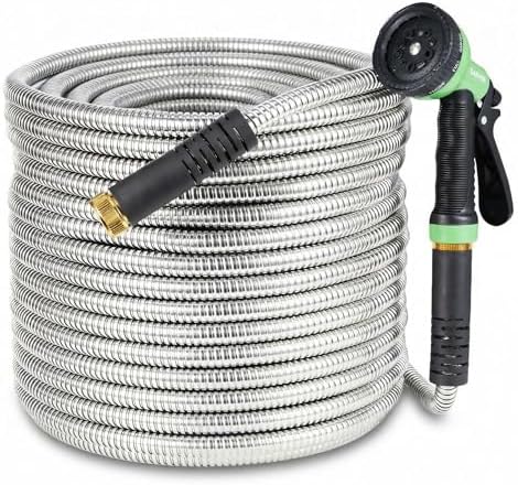 Jojoka Heavy Duty Stainless Steel Garden Hose 25FT, Flexible Kink-Free Metal Water Hose with 10-Function Spray Nozzle and Solid Brass 3/4'' Connectors, Leak-Proof US Standard for Garden, Lawn by Jojoka