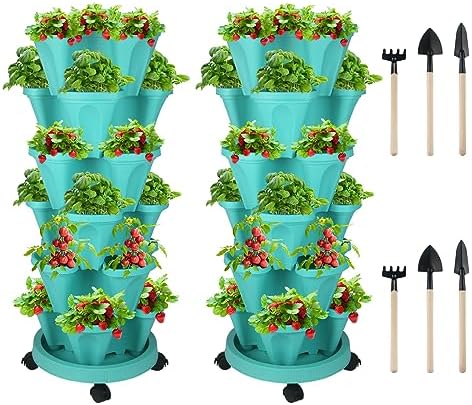 GameXcel Vertical Planter Tower - 6 Tier Stackable Garden Planters with Wheels and Tools Plant Pots for Strawberry Herb Flower and Vegetable Indoor Outdoor Use Teal 2 Pack by GameXcel