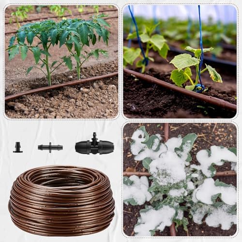 Nuanchu 328 ft 1/4 Inch Drip Irrigation Tubing Hose with 6" Emitter Spacing Watering Tube Line Kit with 6 Pcs 3-way Connectors 20 Pcs 1/4" Couplings 30 End Plugs for Garden Irrigation System, Brown - Image 5