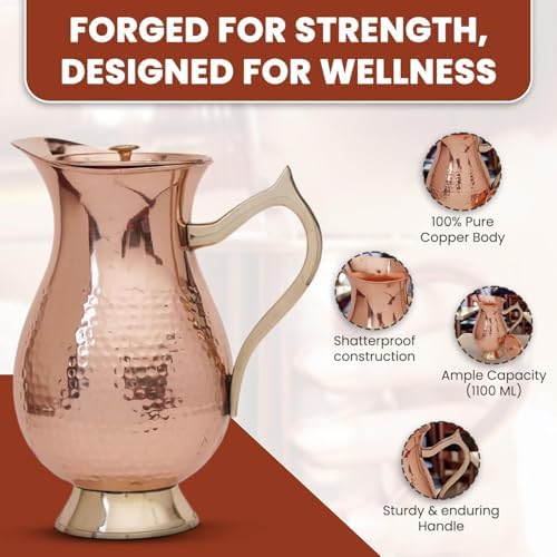 100% Pure Copper Pitcher 1500ml (50.72 oz) – Hammered Copper Water Jug with Lid & Handle, Ayurvedic Copper Water Carafe, Traditional Mughlai Copper Vessel for Drinking Water, Unlined & Lacquer-Free - Image 4