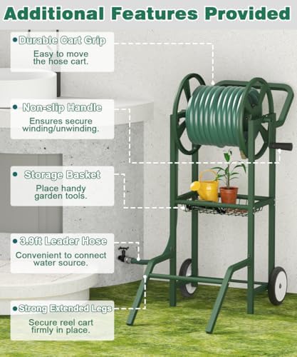 Artigarden Hose Reel Cart with 2 Wheels, Garden Water Hose Holder Heavy Duty Powder Coated Steel Outdoor Winder Storage Holds 125 ft 5/8" Hoses with Basket and 3.9ft Leader Hose for Backyard, Green - Image 2