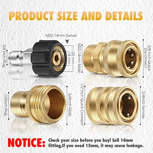 16 Packs Pressure Washer Adapter Set Connect Disconnect Kit Includes M22 Swivel to 1/2 Inch Connect 3/8 Inch to Quick Release 3/8 Inch Plug 1/2 Inch Plug 3/4 Inch Swivel Female Male for Garden Hoses - Image 2