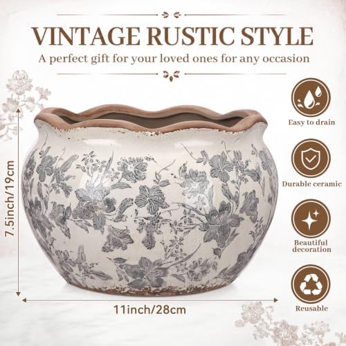 Geetery Ceramic Planter Pot 11 Inch Round Plant Pot, Floral, Grey, Large - Image 2