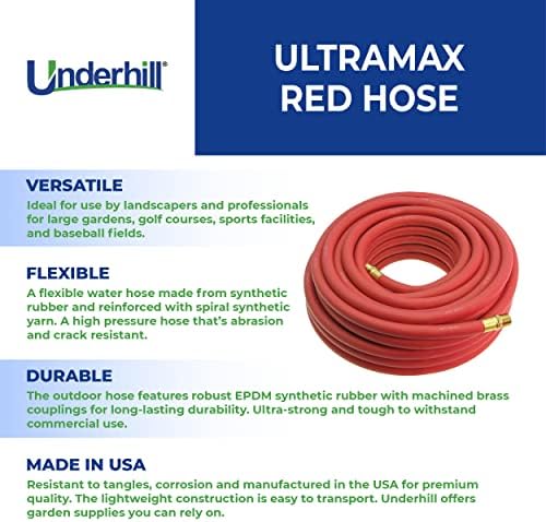 Underhill UltraMax Commercial Garden Water Hose, Heavy-Duty, Rubber, Flexible, Anti-Kink, 200 psi WP, 800 psi BP, H10-125R, 1 Inch x 125 ft NPSH, Red - Image 3