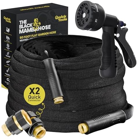 Flat Garden Hose 50FT – Non-Expanding, No-Kink, Leak-Proof Rubber Hose with Brass Fittings & 9-Function Nozzle – Lightweight, Flexible, Collapsible Water Hose for Garden, RV, Camper by Unknown