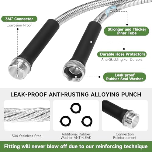 YXT&BEYOND 50 FT Garden Hose - 304 Stainless Steel Lightweight Water Hose w/ 10-Pattern Spray Nozzle - 360° Swivel Fittings, Flexible Metal Garden Hose for Yard Outdoor, Leak-Proof Kink Free - Image 2