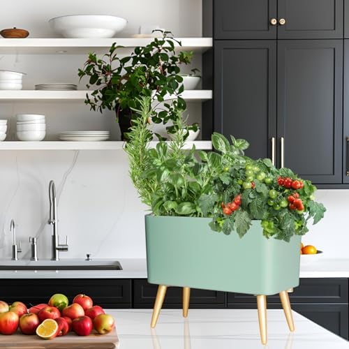 Oliz 13.5 Inch Planter Pot with Metal Craft Legs, Self Watering Planter Pots with Water Shortage Alarm Plant Pot for Indoor Outdoor Decorative Succulents Herb (B- Green) - Image 3