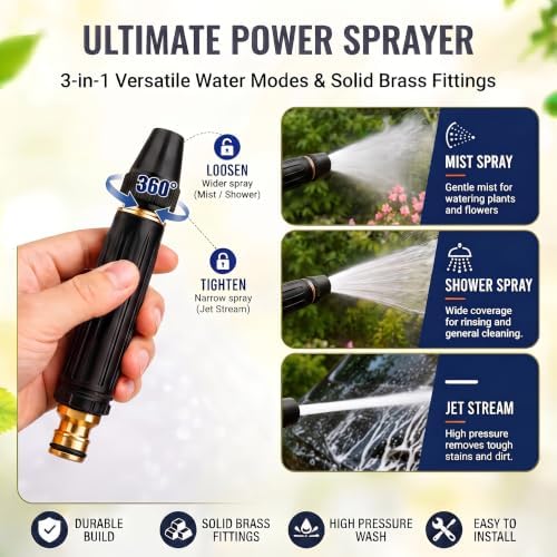 High Pressure Metal Hose Nozzle with 3Spray Modes, Fits US 3/4" GHT - Image 2