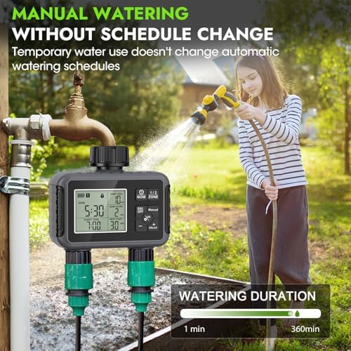 Sprinkler Timer 2 Outlet, Programmable Water Timer for Garden Hose with Rain Delay, Manual and Automatic Irrigation Controller System, for Yard, Lawn, Pool - Image 2
