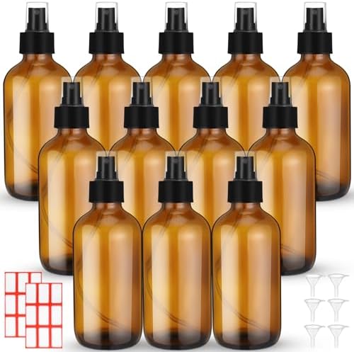 Norme 12 Pcs 8 oz Glass Spray Bottles, Funnels and Labels, Amber, Stylish by Norme