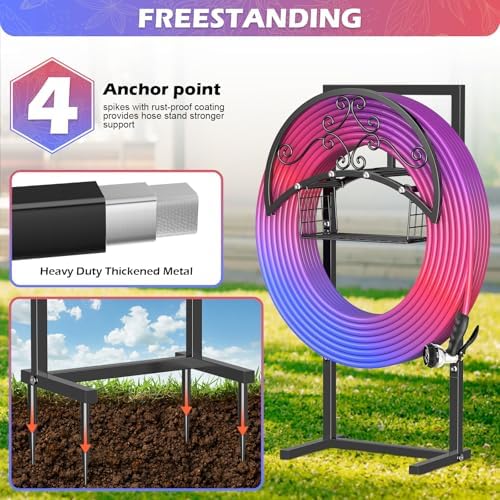 OLV Garden Hose Holder, Freestanding Water Hose Holder Stand with Storage Basket Holds 150-ft Pipe, Heavy Duty Outdoor Decorative Metal Hose Storage Hanger Rack for Outside Yard Lawn Farm - Image 4