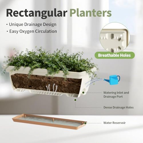 Window Box Planter, 6 Pack Plastic Vegetable Flower Window Planters Boxes 16 Inches Rectangular Flower Pots with Drainage Holes and Saucers (White) - Image 3