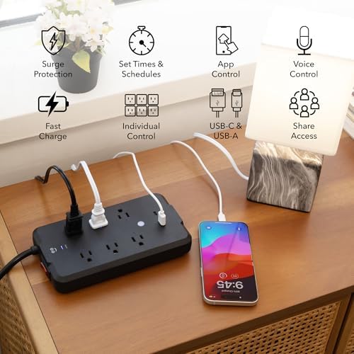 Geeni Smart Plug Power Strip, 6 Outlets & 2 USB Ports, Surge, 6 ft., Black - Image 2