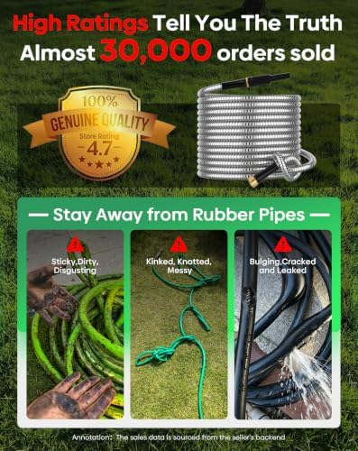 Non-Expandable Metal Garden Hose 50 Feet with Sprayer Nozzle, Flexible, No Kinking, Lightweight & Heavy Duty Water Pipe, Stainless Steel Outdoor Water Hose for Yard 50 ft, Male to Female Connector - Image 2