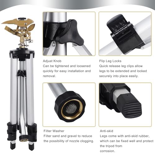 Biswing Large Impact Sprinkler Head on Tripod Base, Adjustable Zinc Alloy Lawn Sprinklers for Yard Lawn Garden, 3/4" NH Connector, 360 Degree Large Area Coverage Irrigator with Extension Legs, 1 Pack - Image 5
