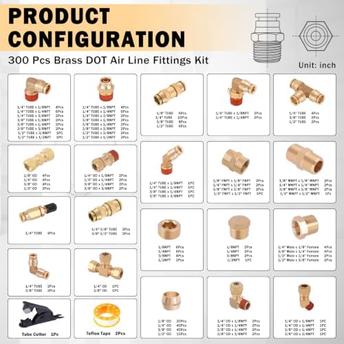 CheeMuii 300 Pcs Brass DOT Air Line Fittings with Brass Pipe Fittings Kit - Image 2