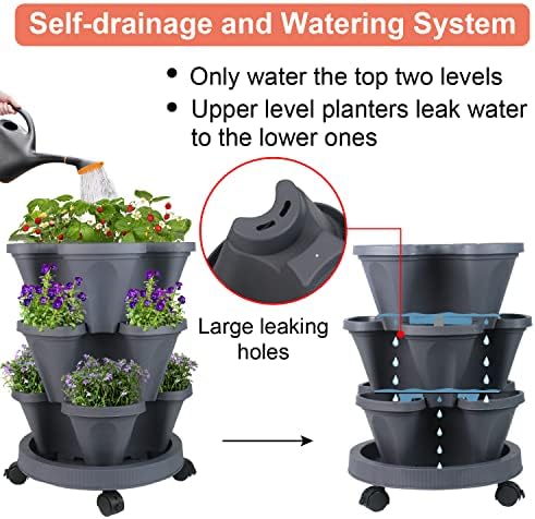 GameXcel Vertical Planter Tower - 3 Tier Stackable Garden Planters with Wheels and Tools Plant Pots for Strawberry Herb Flower and Vegetable Indoor Outdoor Use Dark Gray 2 Pack - Image 4