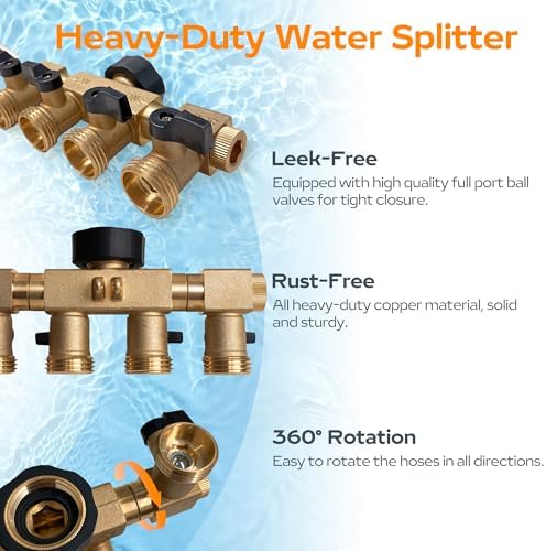 Hose Splitter 4 Way, Diivoo Heavy Duty Brass Hose Connector with Rotating Arms, High Flow Spigot Splitter, Easy Grip Faucet Splitter, Solid Hose Bib Splitter for Outdoor Gardening Hoses, 3/4" Standard - Image 3