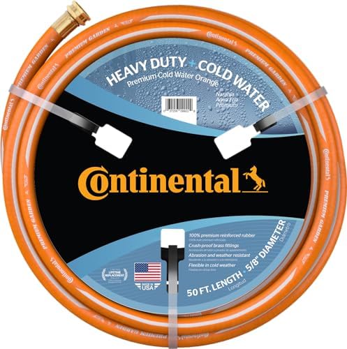 Continental Premium Garden Orange Heavy Duty Cold Water Garden Hose, 5/8in Inside Diameter x 50ft Length, Male x Female Garden Hose Thread by Continental