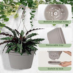 4 Pcs Hanging Planters,10" Hanging Pots Plastic Hanging Flower Plant Basket with Drainage Trays & Chain Holder for Outdoor Indoor Plants Garden Balcony Decoration, Light Gray - Image 3