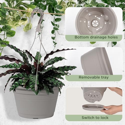 4 Pcs Hanging Planters,10" Hanging Pots Plastic Hanging Flower Plant Basket with Drainage Trays & Chain Holder for Outdoor Indoor Plants Garden Balcony Decoration, Light Gray - Image 3