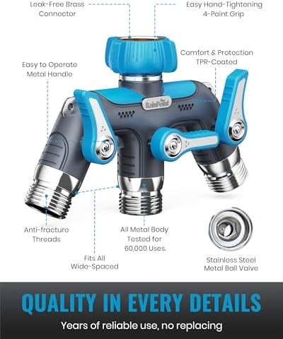 RAINPOINT 3 Way Hose Splitter, 100% Metal Heavy Duty Garden Hose Splitter With 1.9" Extra Long Handle & Individual Shut Off, 3/4 Inch GHT Thread Water Hose Connector For Outdoor Spigot Faucet (Blue) - Image 3