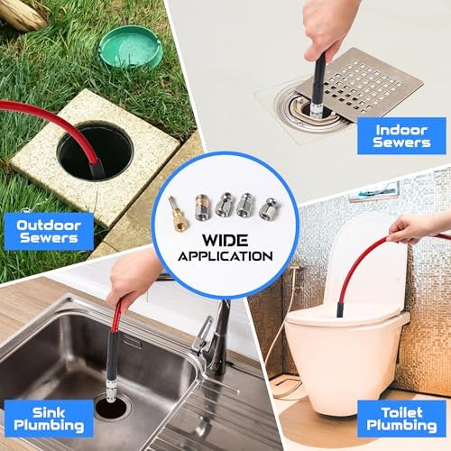 Sewer Jetter Kit for Pressure Washer, 100FT 5800 PSI Drain Cleaner Hose with 1/4" NPT Corner, Rotating and Button Hose Sewer Jetting Nozzle, Waterproof Tape, Pearl Corsage Pin, Spanner, Glove - Image 5