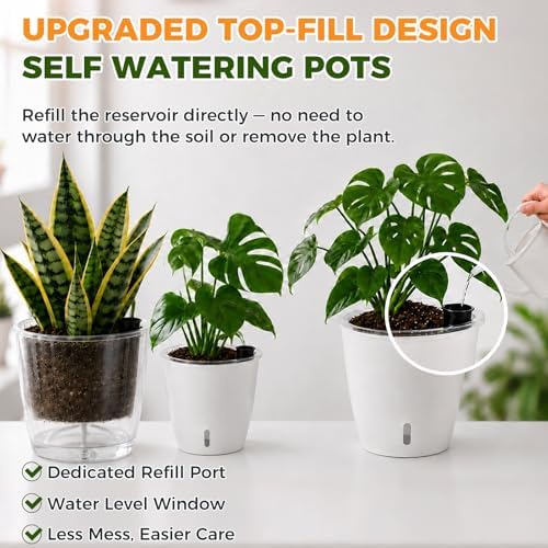 Upgraded Self Watering Pots for Indoor Plants, 12-Pack 5 Inch Top-Fill Self Watering Planter with Water Window, Orchid Pots, Clear Wick Inner Basket with Drainage, White - Image 2