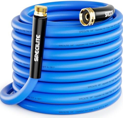 SPECILITE Hot/Cold Garden Water Hose 75 ftx 5/8 in, -50℉ To 190℉, Heavy Duty, Flexible, Burst 605 Psi, Lightweigh, Upgraded Rubber Pipe with 3/4" Brass Fittings For Backyard, Outdoor, Farm, Blue by SPECILITE
