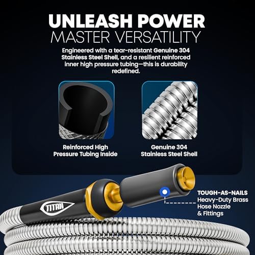 TITAN Garden Hose 50FT - 304 Stainless Steel Metal Water Hose, Flexible, Kink-Free, Lightweight, Durable, Crush Resistant Fittings, Easy to Coil, 500 PSI - Image 4