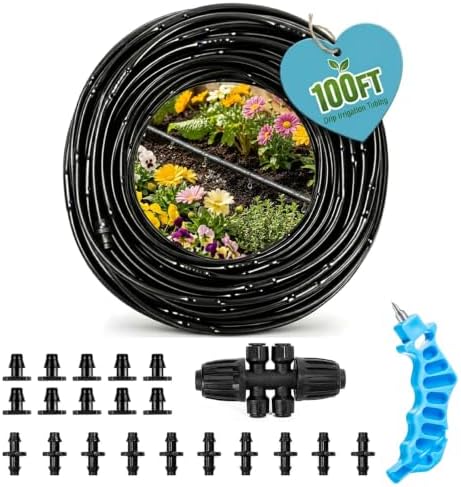 1PC 1/4" Drip Irrigation Dripline Tubing 100FT, 0.5 GPH Emitters Built-in Drip Irrigation Line, 6" Emitter Spacing with 1/4" Fittings Included, 1PC Hole Punch, Saving 80% Water, Black by LOSRIK
