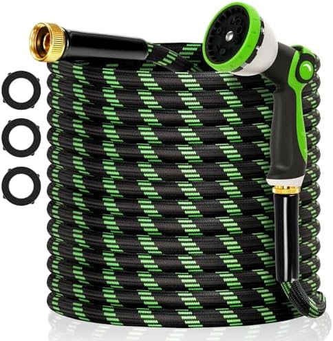 Garden Hose 100 ft Flexible Water Hose Non-Expanding Lightweight Kink-Free Hoses Durable Leak-Proof High Pressure Pipe with 3/4” Brass Fitting 10 Function Nozzle for Outdoor Yard Lawn Car Wash by Wabolay