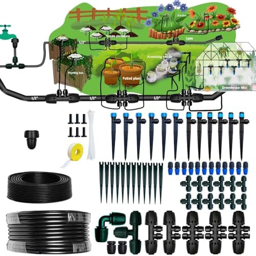 Drip Irrigation Kit for Garden,Main ID 1/2inch 16.5Ft and 1/4inch 96Ft Water Hose, Watering System Sufficient Water Pressure, Irrigation Dripper Waterflow Evenly Easy DIY by FesmTek