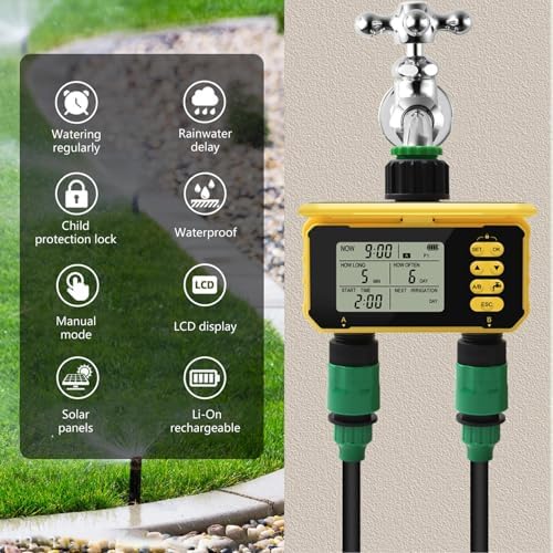 Solar Panel Sprinkler Timer, Double Outlet Smart Water Timer with Rain Sensor, Automatic Watering Valve Irrigation Controller System for Garden Hose Lawns Yard - Image 2