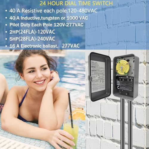 T104R Mechanical Timer Switch, 208–277 VAC 40 Amp,Pool Pump Switch, 24 Hour 12 ON/Off for Pump, Heavy Duty Pool Timers Outdoor, Timer for Pump Lights HVAC Systems, 5 Years Warranty - Image 4