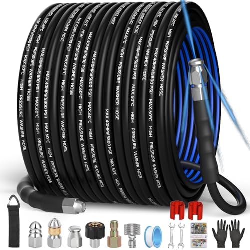 Sewer Jetter Kit for Pressure Washer(50FT),1/4" NPT Drain Cleaner Hose 5800PSI with 3 Sewer Jet Nozzles，Pearl Corsage Pin，Marking Ring,Spray Nozzle，Teflon Tape&Gloves by VividWash