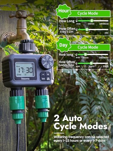 Insoma 2 Zone Water Timer, Programmable Irrigation Sprinkler Timer for Garden Hose, Outdoor Hose Faucet Timers with Rain Delay/Manual/Auto Modes, IPX5 Waterproof for Drip System & Lawn - Image 3