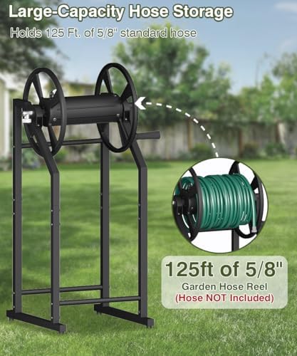 4-Spike Garden Hose Reel with 3.9ft Leader Hose & Stainless Fitting, Outdoor Hose Holder holds 125ft Hose of 5/8", Freestanding Metal Hose Stand for Outside Yard Lawn, Black - Image 4