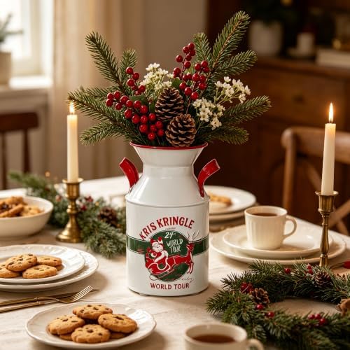 Vintage Christmas Kris Kringle Metal Milk Can Vase, Rustic Holiday Decorative Flower Jug with Red Handles, Festive Pitcher for Indoor Home Decor, Christmas Floral Arrangements - Image 3