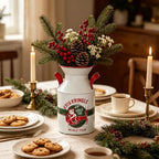 Vintage Christmas Kris Kringle Metal Milk Can Vase, Rustic Holiday Decorative Flower Jug with Red Handles, Festive Pitcher for Indoor Home Decor, Christmas Floral Arrangements - Image 3