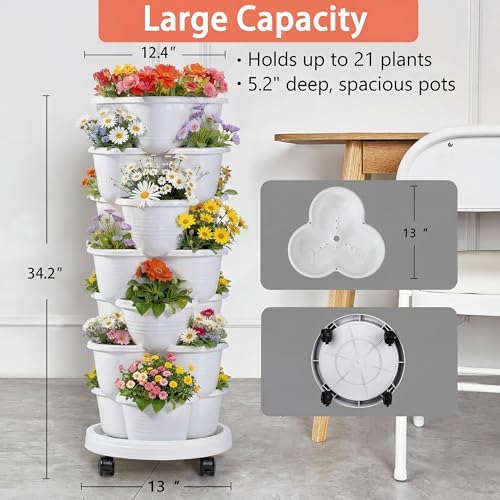 VECELO 7 Tier Vertical Garden Planter, Self Watering Stackable Planters with Wheels for Strawberries, Herbs, Flowers, Vegetables, White - Image 5