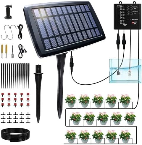 Vacation Plant Waterer, Solar Drip Irrigation System for 15 Pots with Auto Watering While Away on Trip or Business, 49FT Hose, Low Water Buzzer & Split Panel, for Garden Balcony Greenhouse by Unknown