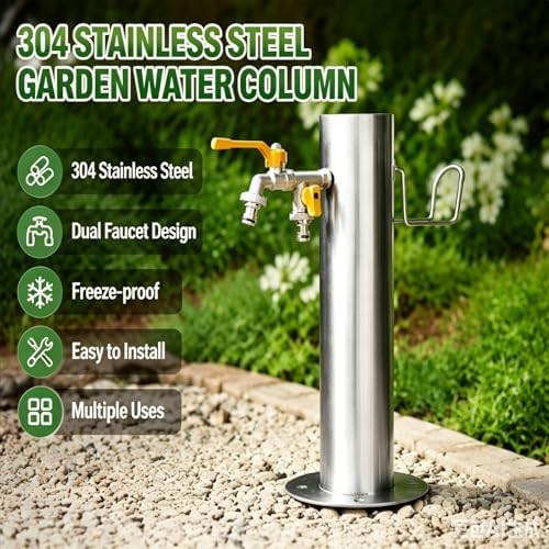 Stainless Steel Outdoor Water Column with Double Faucet, Freestanding Garden Water Column for Hose Connection, Outdoor Vertical Garden Water Column with Hose Holder for Patio, Irrigation - Image 2