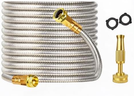 Heavy Duty Stainless Steel Garden Hose – 25FT Flexible Metal Water Hose, Anti-Kink & Crush Resistant, Leakproof Brass Fittings, Adjustable Brass Nozzle – Perfect for Lawn Watering, Car by Unknown