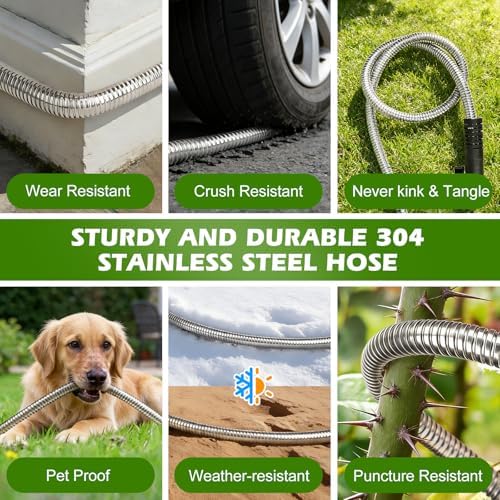 Metal Garden Hose 25 ft Stainless Steel Heavy Duty Water Hose with 10 Function Nozzles Flexible Lightweight Kink-Free Leakproof Sturdy Hoses Pipe 3/4" Brass Fitting for Outdoor Yard Lawn RV - Image 4