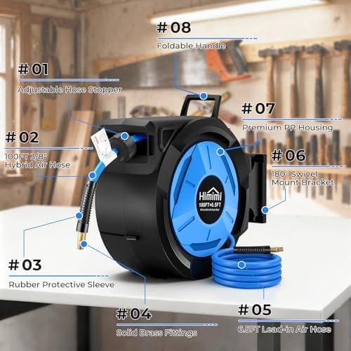 Retractable Air Hose Reel, 3/8" x 100 Ft Hybrid Hose Air Compressor Hose Reel with 6.5 Ft Lead-in Max 300 PSI, Air Hose with Any Length Lock, Automatic Rewind, 180° Swivel Bracket, Quick Coupler - Image 4
