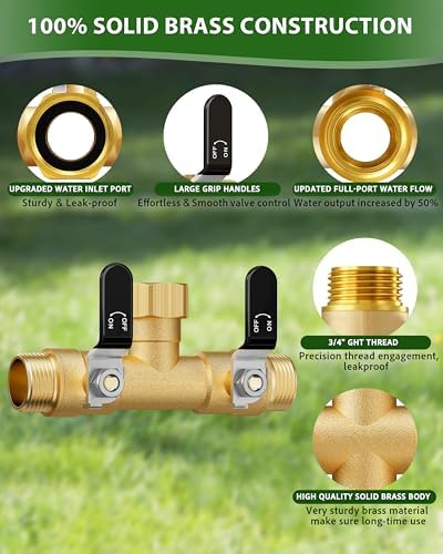 Hose Splitter 2 Way, Heavy Duty Brass Garden Hose Splitter, Water Hose Bib Spigot Splitter with 0.59" Full Flow Ball Valve Outlet & Shut-Off Valve 3/4'' Connector Outdoor Water Faucet Adapter - Image 4