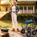 Garden Hose Reel Cart with 4 x 10" Pneumatic Wheels, Heavy-Duty Metal, Holds 300 ft, Crank Handle, Storage Basket - Image 3