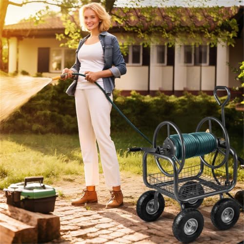 Garden Hose Reel Cart with 4 x 10" Pneumatic Wheels, Heavy-Duty Metal, Holds 300 ft, Crank Handle, Storage Basket - Image 3